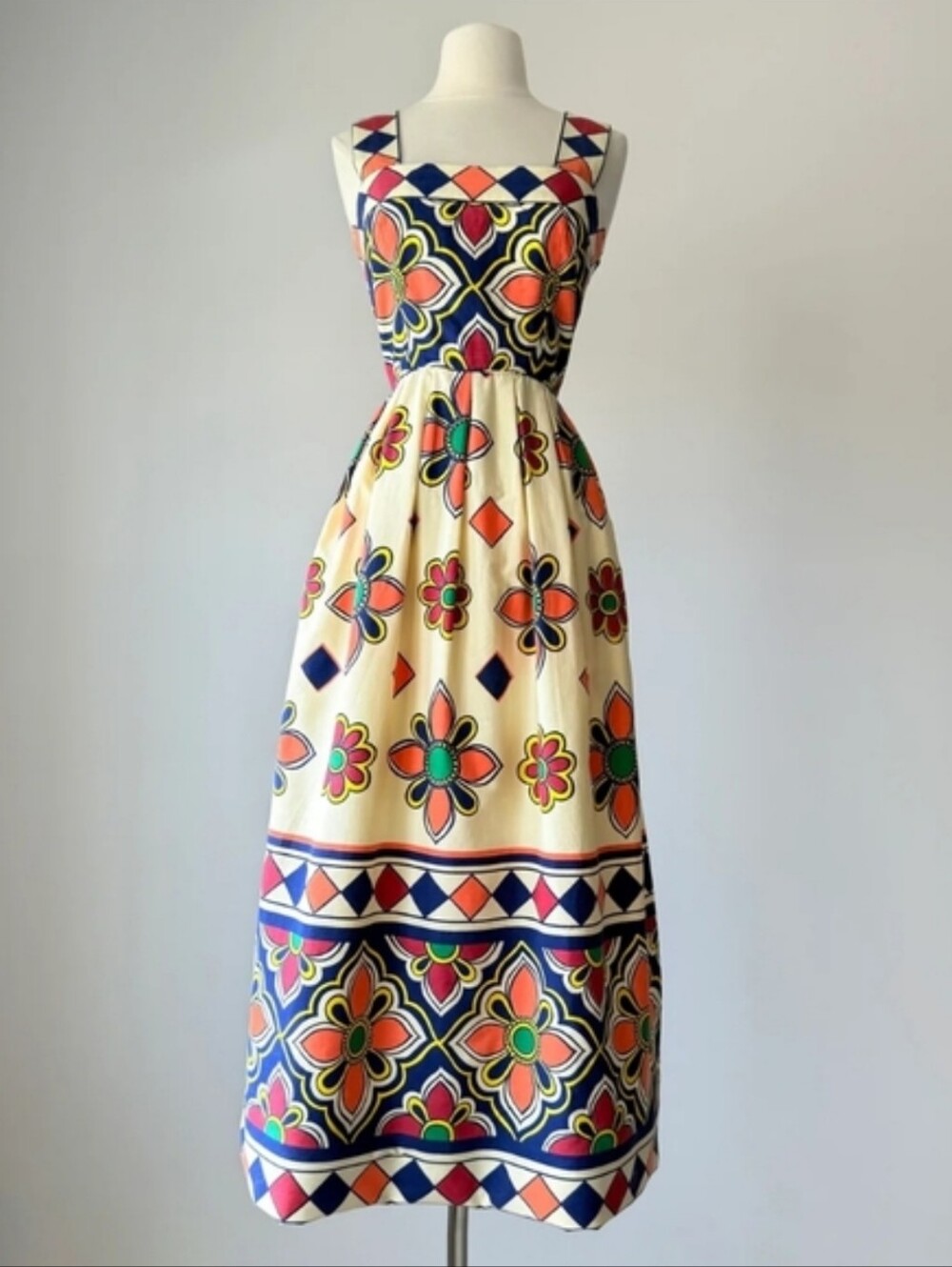 RARE VINTAGE MOLLIE PARNIS Floral Maxi Dress in Cream Cotton XSmall-Small